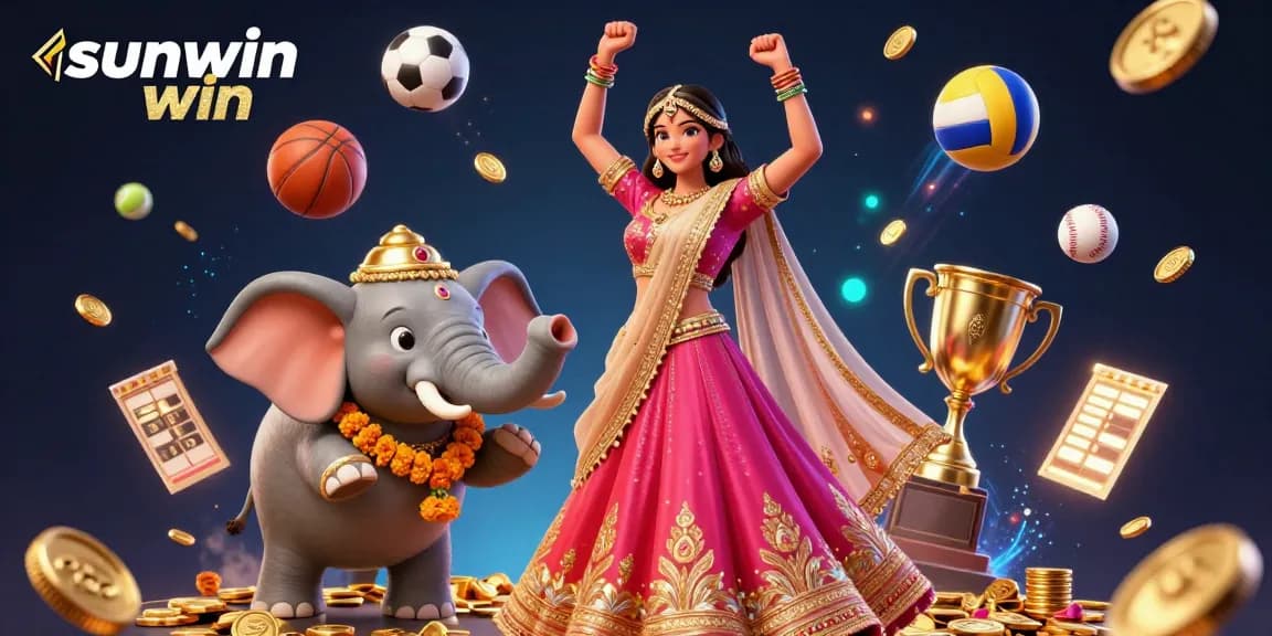 Engage in thrilling gameplay at sunwin win with a festive illustration showcasing vibrant casino elements and a lively atmosphere.