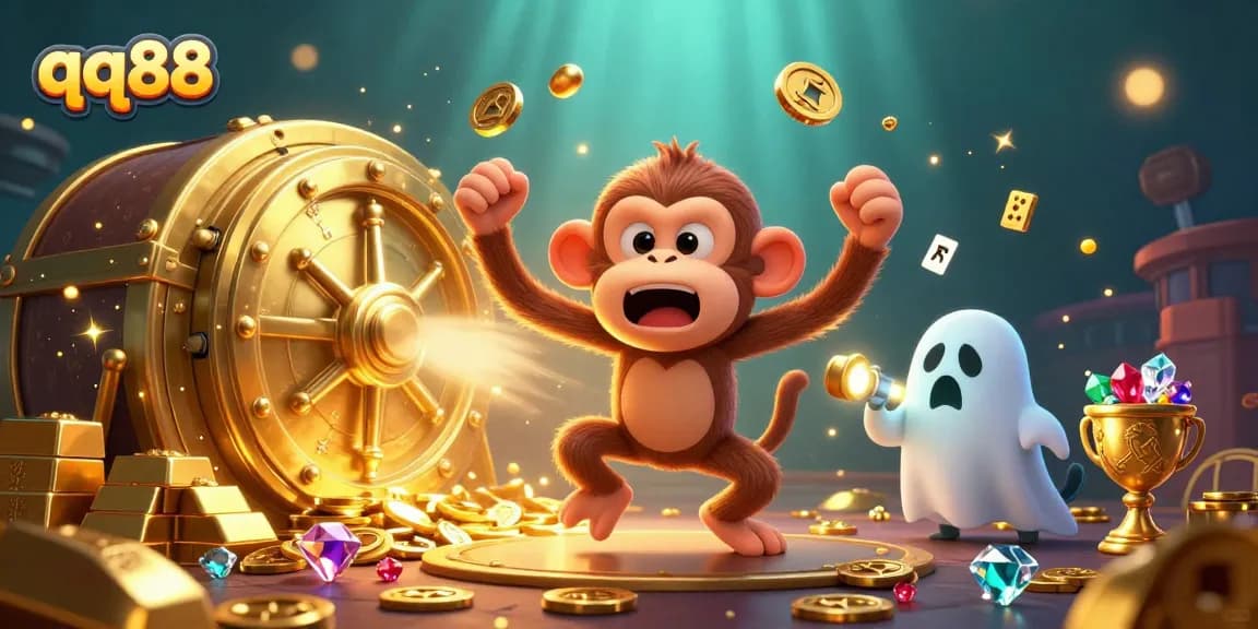 Experience thrilling wins at qq88 with a playful poltergeist monkey and curious ghost-hunter puppy in a vibrant haunted casino.