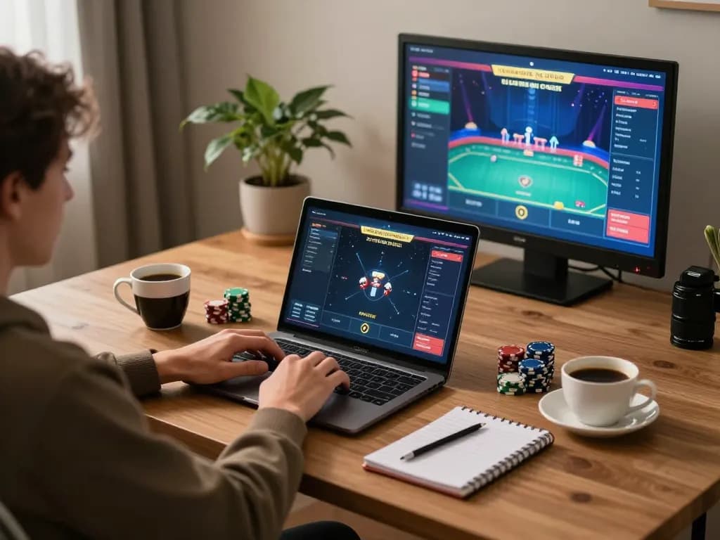 Engaging in strategic online poker gameplay on alo8 com in a cozy home office.