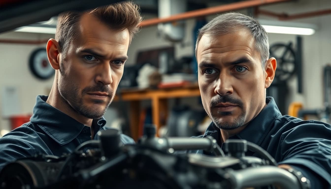 Motorschaden Ankauf: Mechanic evaluates engine damage in a bright workshop