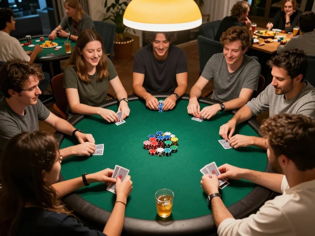 Các người chơi LUCK8 tham gia vào một trò chơi poker tại nhà đầy kịch tính với những viên chip và lá bài nhiều màu sắc trên bàn.