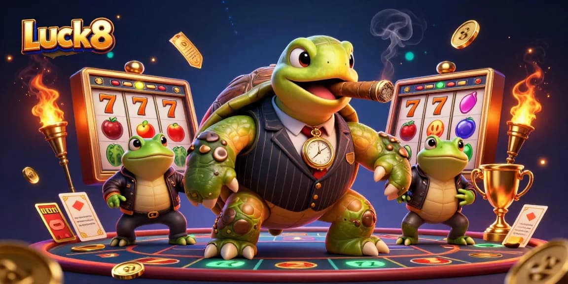 Experience Luck8's thrilling gaming adventure with a dynamic casino scene featuring characters and vibrant elements.