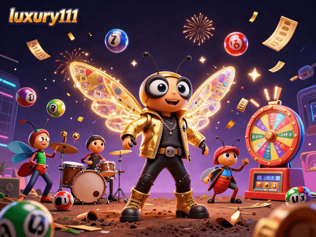 Experience luxury111 in an exciting gambling scene with vibrant lottery elements and 3D characters.