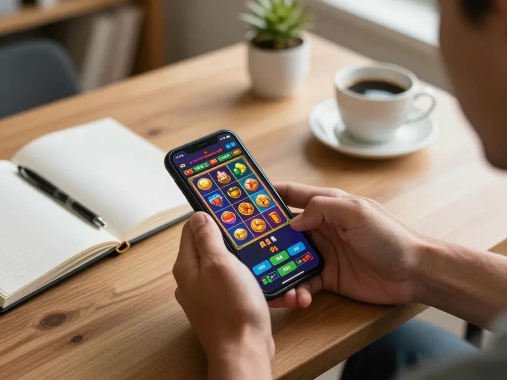 Player enjoying captivating casino games on smartphone at uu88.com, showcasing vibrant mobile slot graphics