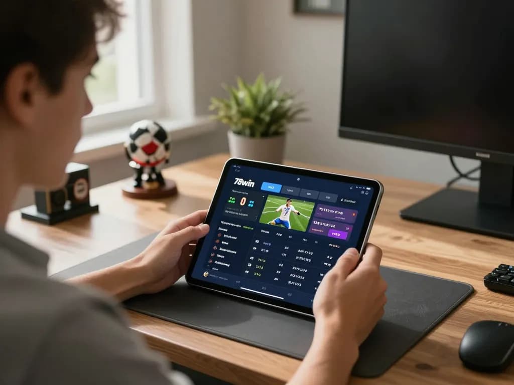 Engaged user navigating live sports betting on 78win app at home, focused on strategy.