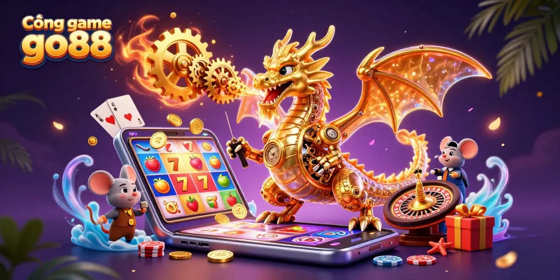 Cổng game go88 brings thrilling excitement with a dragon, golden gears, and vibrant slot games.