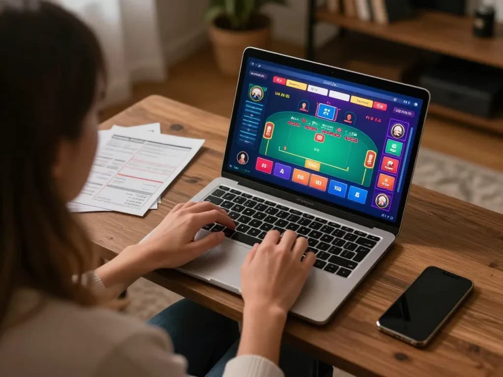 Play bet88 online blackjack game on a laptop with vibrant interface and strategy notes visible