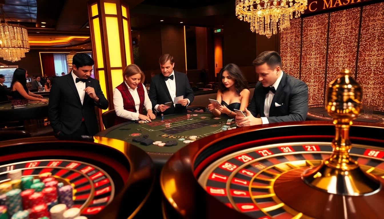 Engaged players at Casino Five88 enjoy blackjack and roulette in a luxurious setting.
