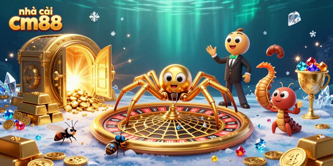 Place your bets at nhà cái cm88 while the golden spider spins a roulette wheel.