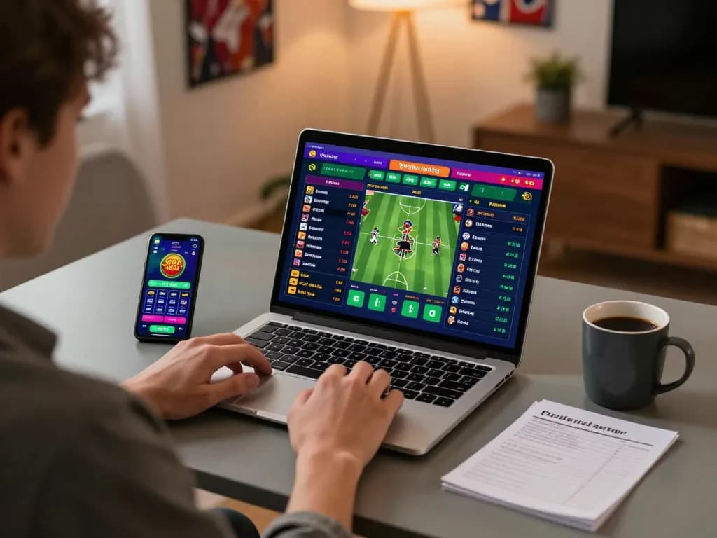 Online betting activities at trang chủ mm88 with vibrant interface and sports memorabilia in a cozy setting.