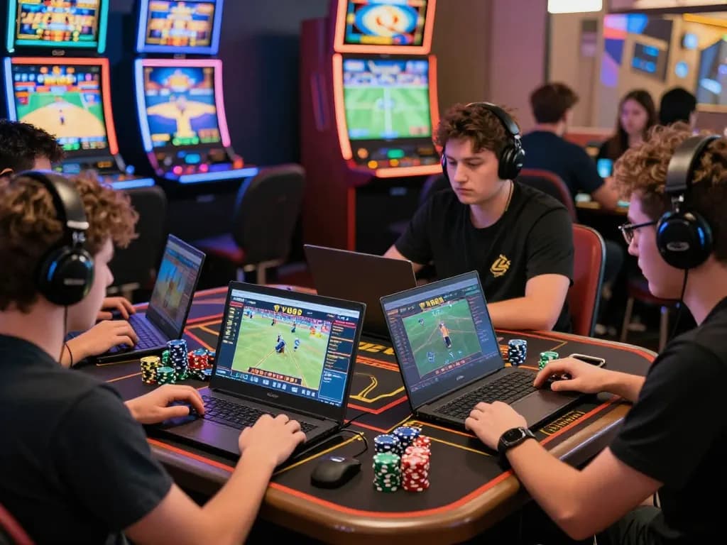 Engaged players using VN88 for online betting, surrounded by vibrant game action.