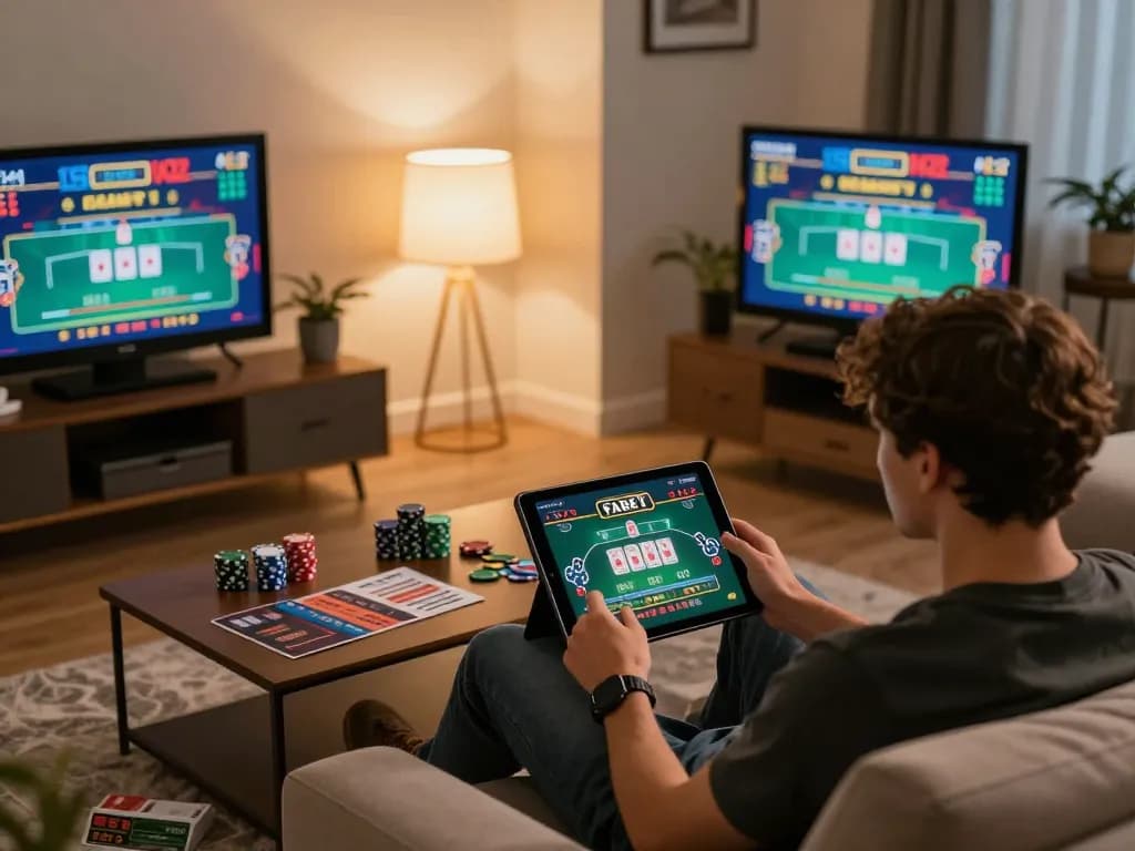 Person engaging in fabet online gambling while enjoying a cozy home setting