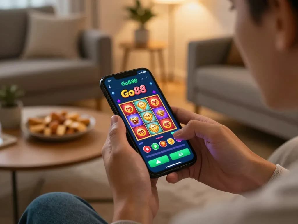 Engaging gameplay experience on the Go88 mobile app with vibrant slot designs in a cozy setting.