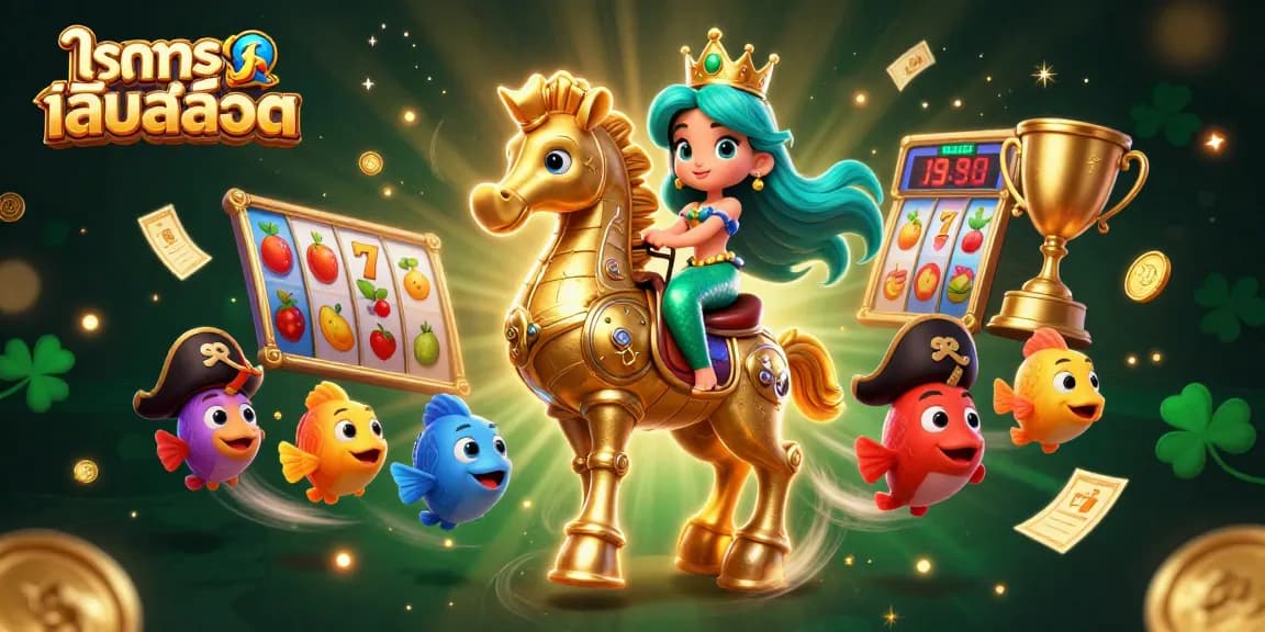 ทดลองเล่นสล็อต with a vibrant casino scene featuring a mermaid princess, slot reels, and dynamic gold coins.