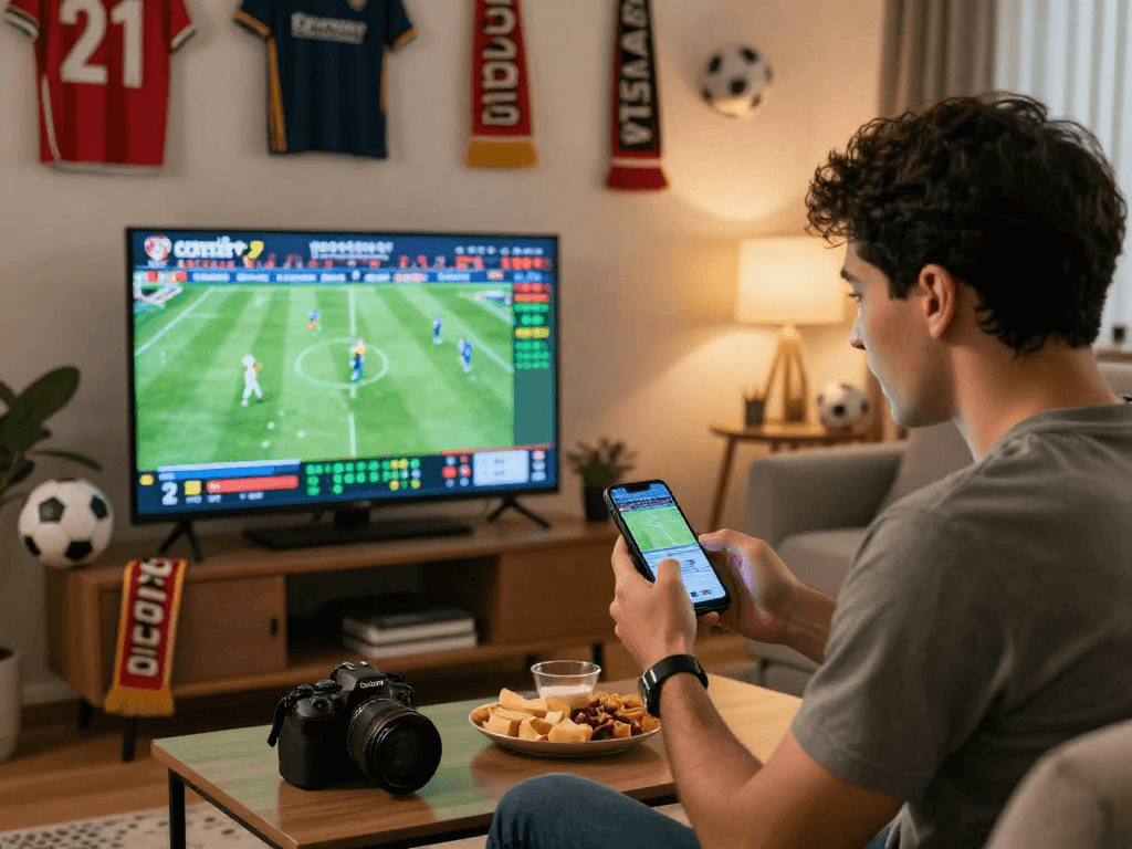 Fussball Wetten Tipps für erfolgreiches Wetten, Spieler beim Überprüfen von Quoten und Live-Matches in gemütlichem Zuhause.
