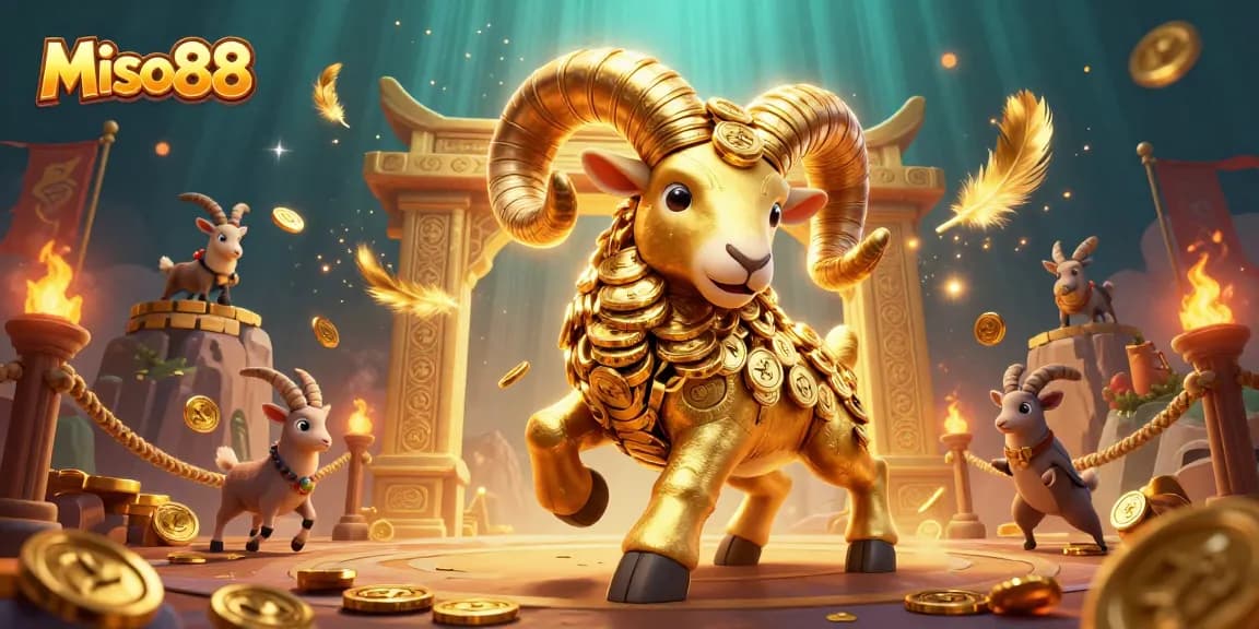 Miso88 showcases a golden ram amidst a vibrant casino scene, emphasizing thrilling gameplay and excitement.
