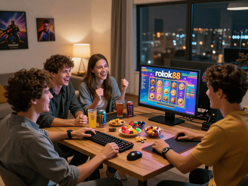 Friends enjoying the rokok88 slot game in a lively, cozy environment.