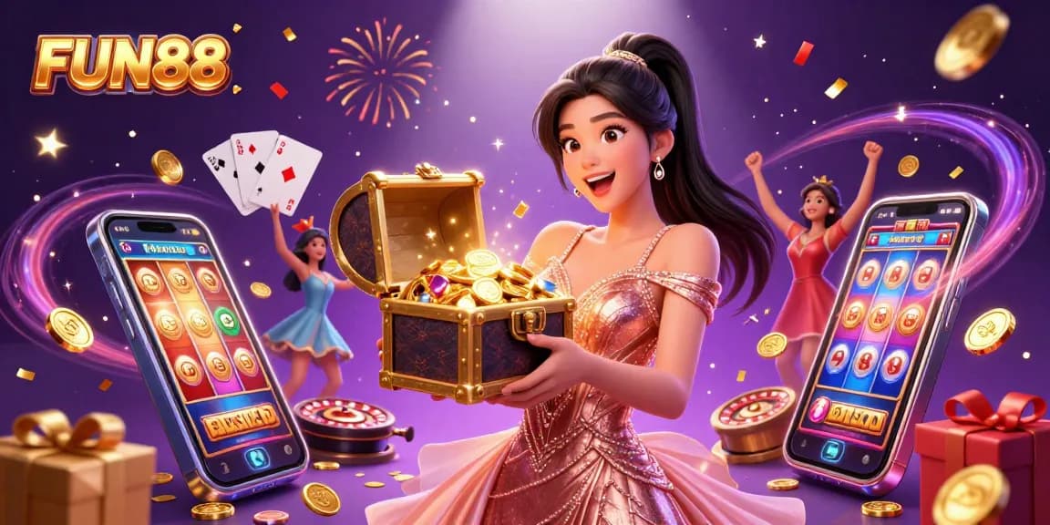 Experience excitement with FUN88 in vibrant casino games, featuring a joyful woman and golden treasure.