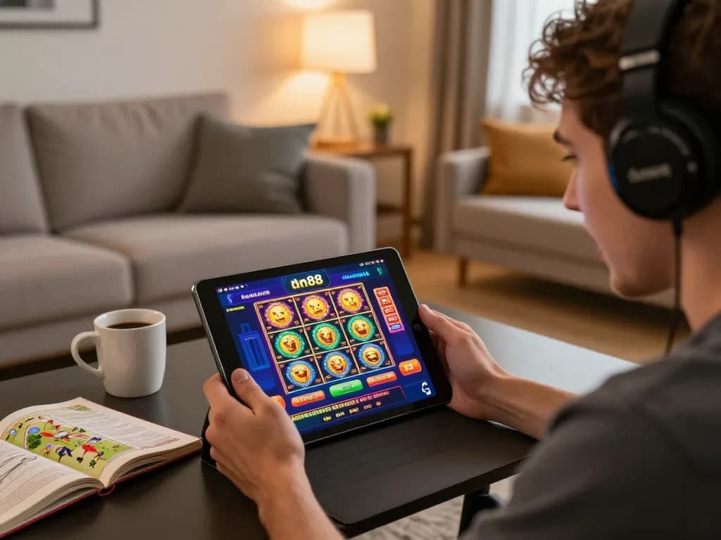 Player engaging with dn88 online casino on tablet, immersed in gameplay in cozy living room.