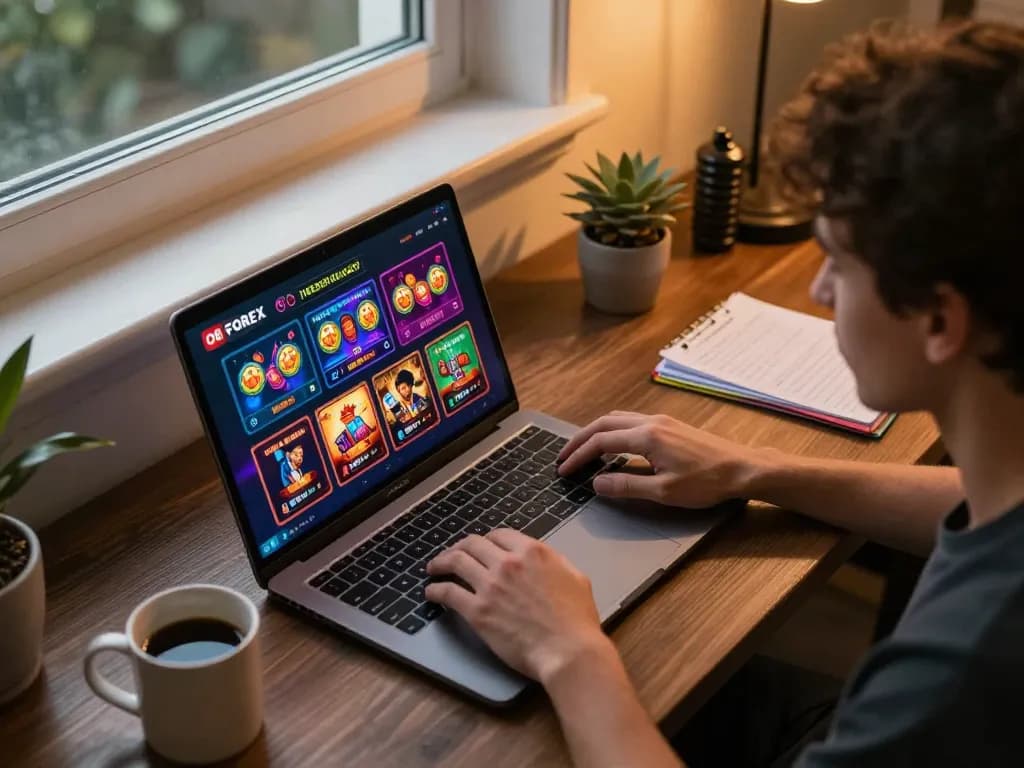 O8 FOREX online gaming scene with player engaging on laptop, showcasing vivid casino games and comfortable setting.