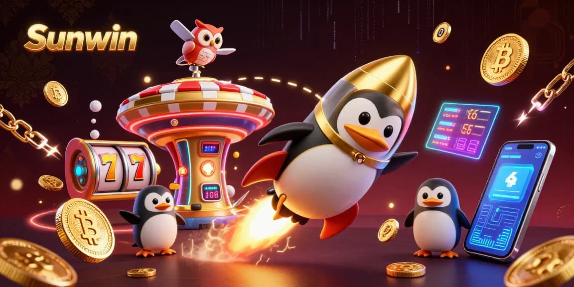 Sunwin showcases a rocket-powered penguin amidst vivid casino symbolism in a captivating 3D scene.
