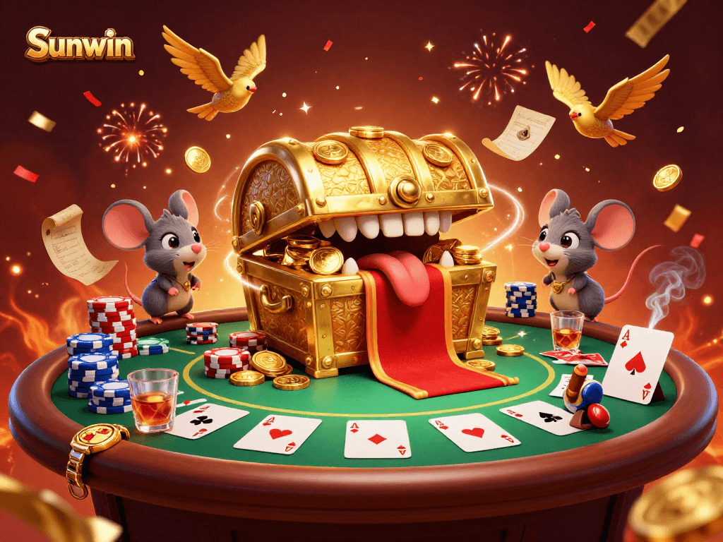Engage in thrilling casino adventures with Sunwin surrounded by poker and treasures.