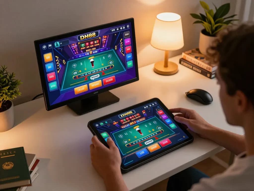 DH88 player engaging in live dealer blackjack game on tablet, showcasing strategic gameplay at home