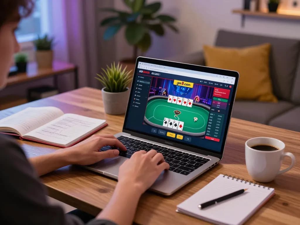 Player engaged in online poker on go8 com with strategy notes and coffee