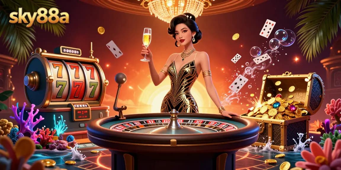 Experience the elegance of sky88a with an Asian woman in glamorous casino attire, surrounded by vibrant gaming elements.