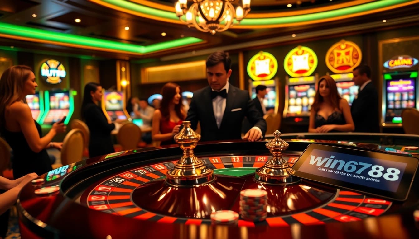 Experience the thrill of win678 at a luxurious casino table, featuring poker chips and an engaging dealer.