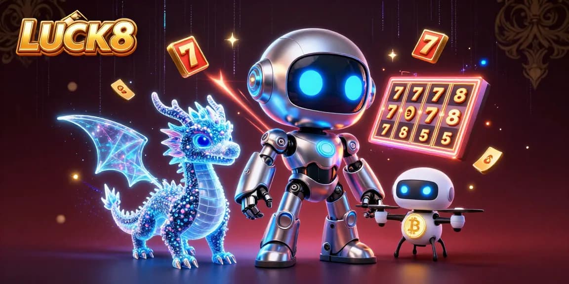 LUCK8 casino features a vibrant scene with cyberpunk robots, slot reels, and dynamic elements enhancing gaming.