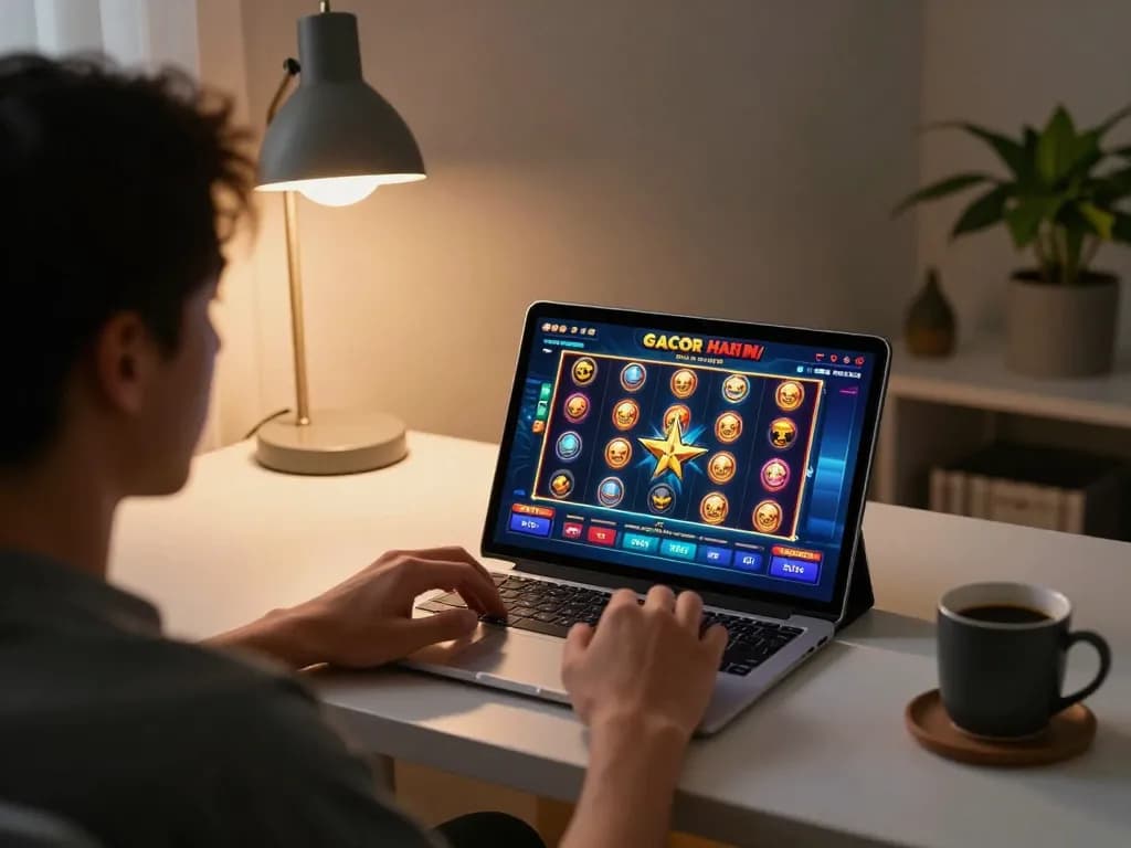 Engaging player utilizing a tablet for slot gacor hari ini gaming with vibrant interface.