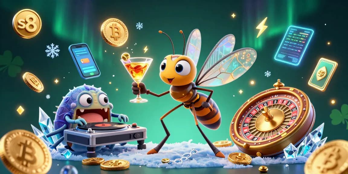 S8’s casino adventure features vibrant characters and glowing crypto coins during gaming.