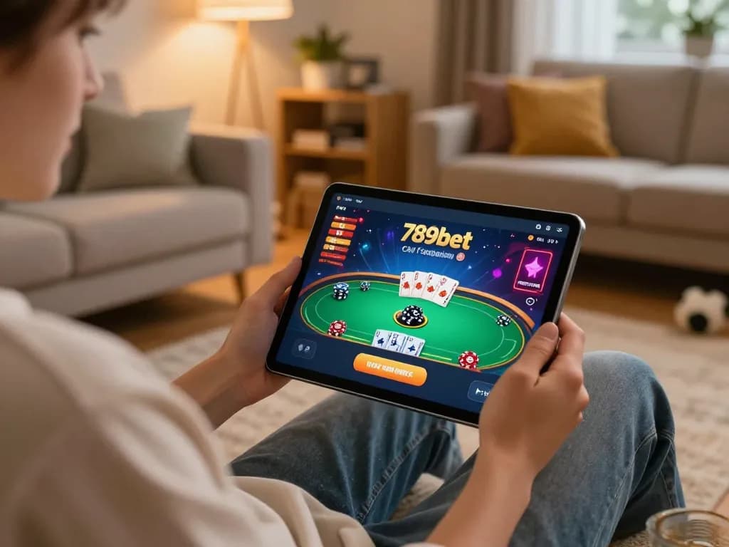 Player engaging with 789bet app for online poker in a cozy home setting