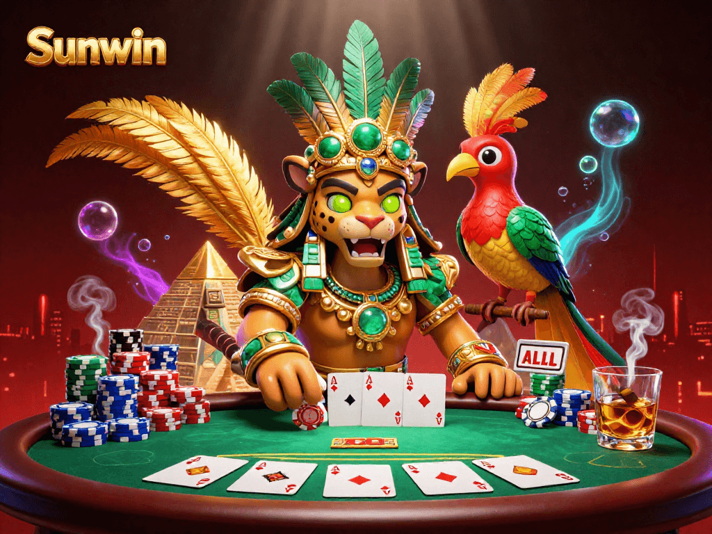 Bet big at Sunwin with Mayan jaguar priest and vibrant casino elements in this action-rich illustration.