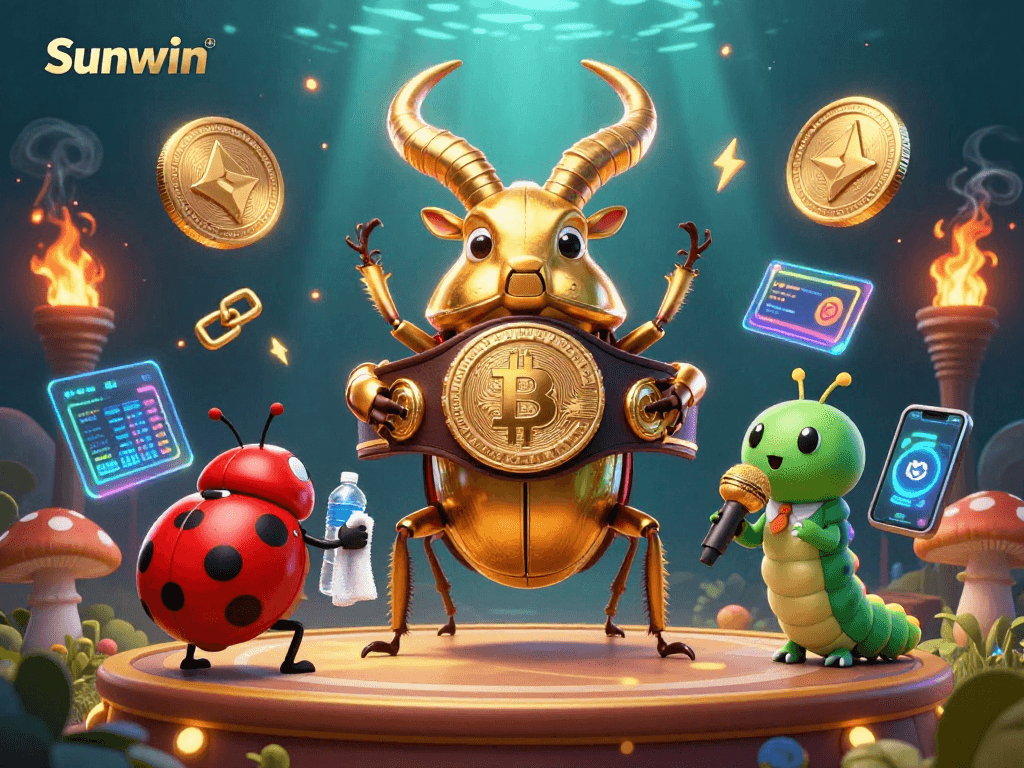 Bet on Sunwin with a dazzling boxing match between a golden stag beetle and gaming elements.