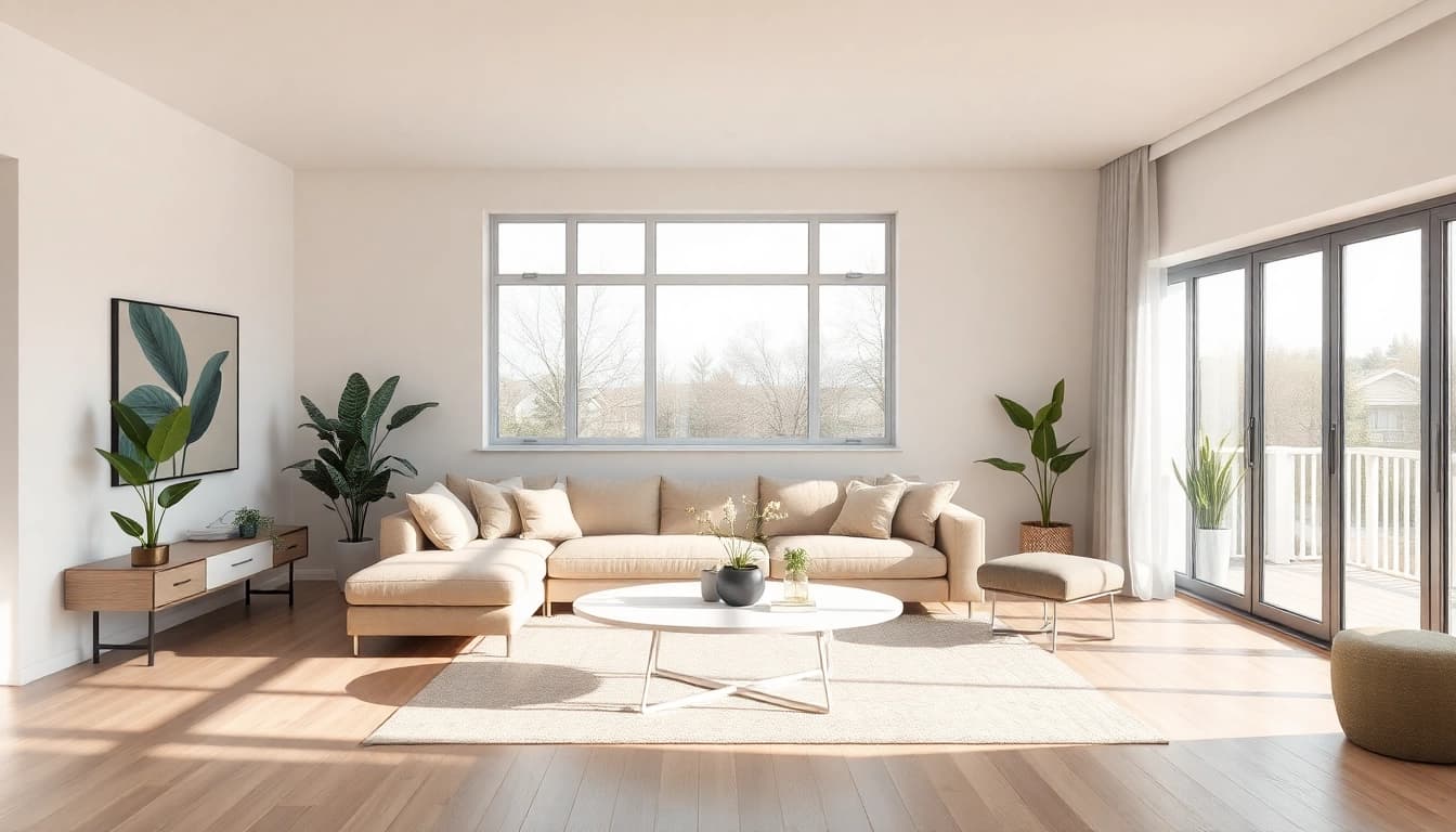 Moderne Raumgestaltung in einem eleganten Wohnzimmer mit neutralen Farben und stilvollen Dekorationen.