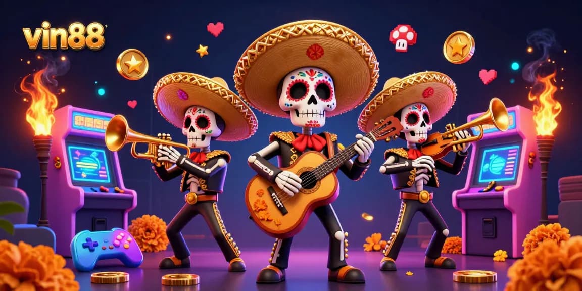 Experience vin88's vibrant casino world with a lively mariachi band and arcade elements.