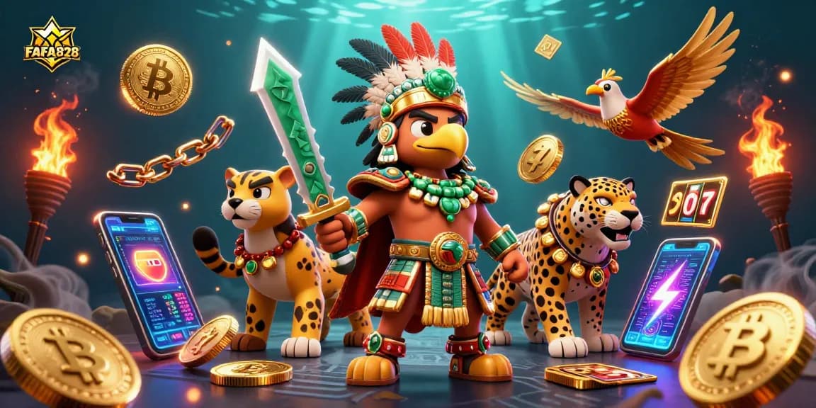 Experience slot excitement with FAFA828 in this vibrant 3D illustration featuring Aztec warriors, crypto elements, and captivating game symbols.