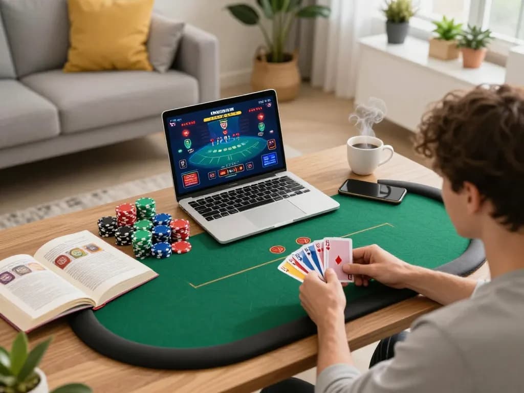 Engaged player strategizing in online poker game at f168.news with vibrant laptop interface and cozy setting.