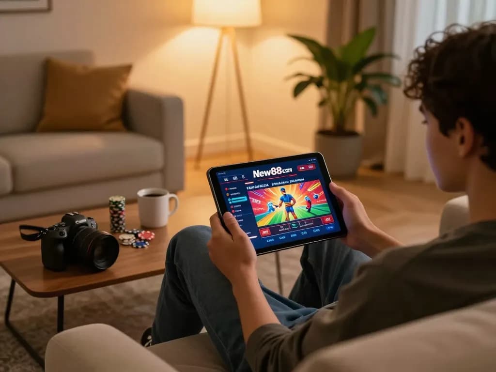 Engaged player using New88 com tablet for online casino gaming in cozy living room.