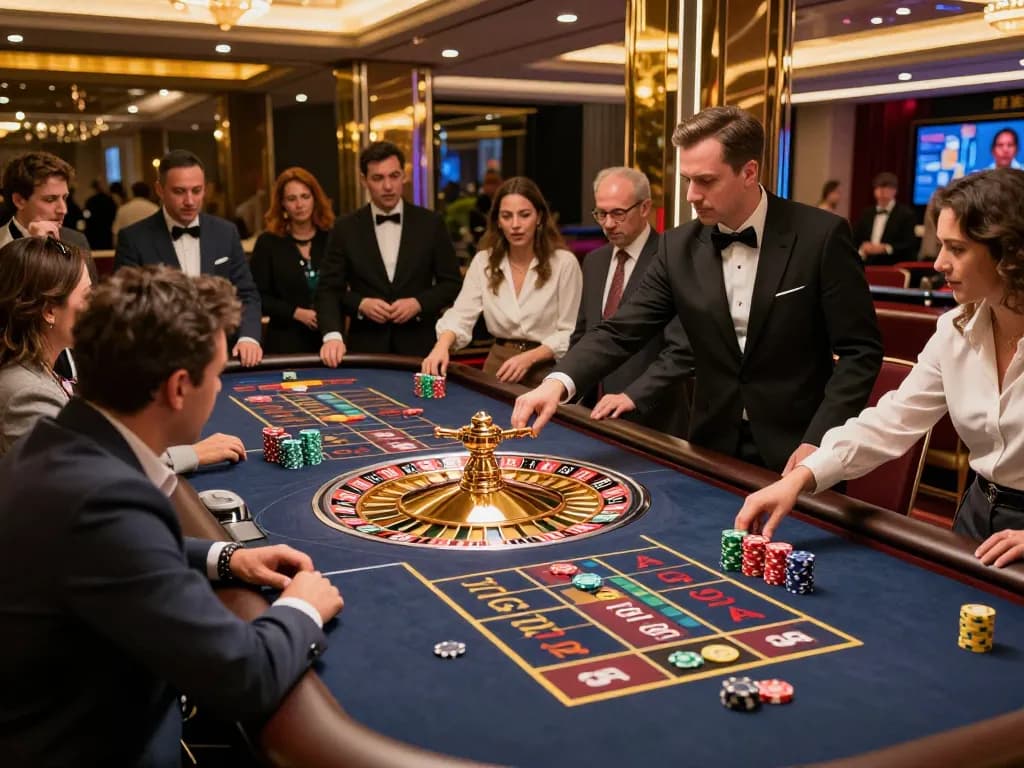 Experience Bsport at an exciting roulette table with players placing bets and the croupier spinning the wheel.