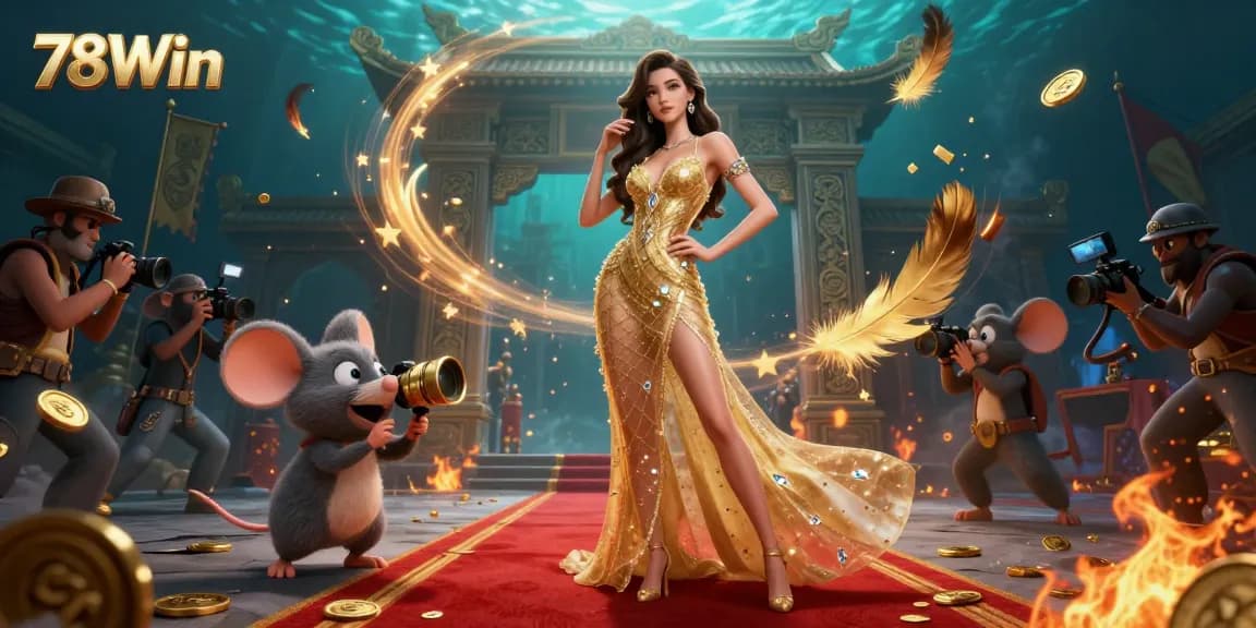 Engage with 78Win in this vibrant 3D illustration featuring a glamorous woman and playful mouse capturing the casino excitement.