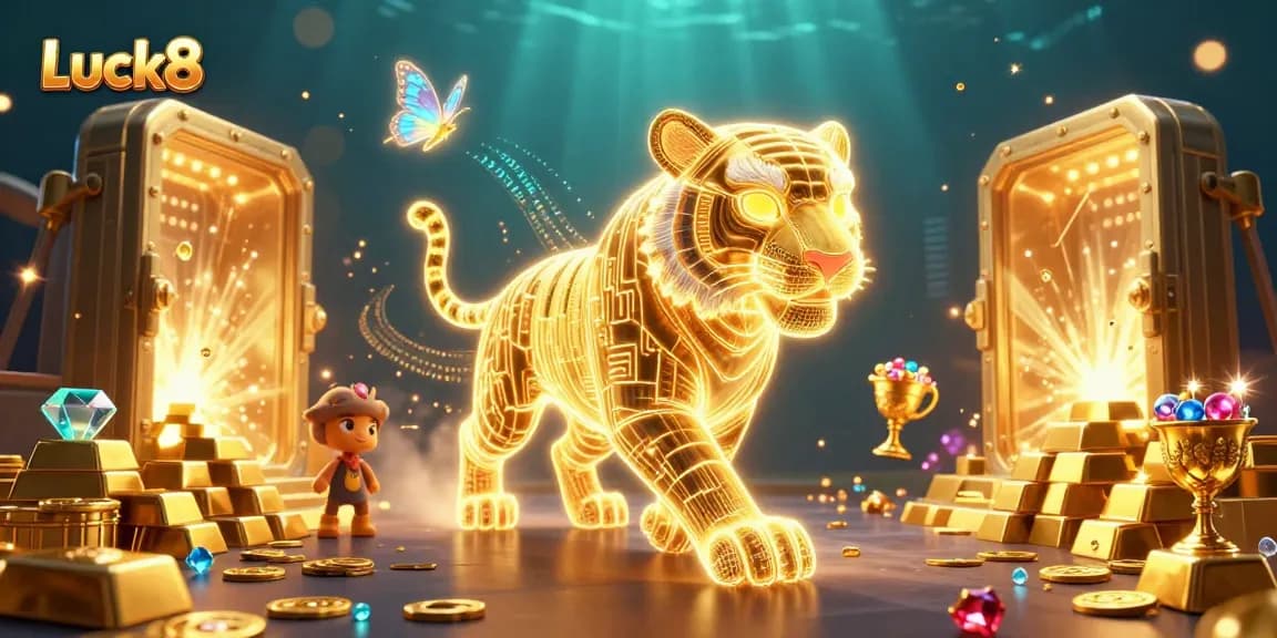 Experience the vibrant Luck8 casino world with a neon tiger and dazzling treasures.