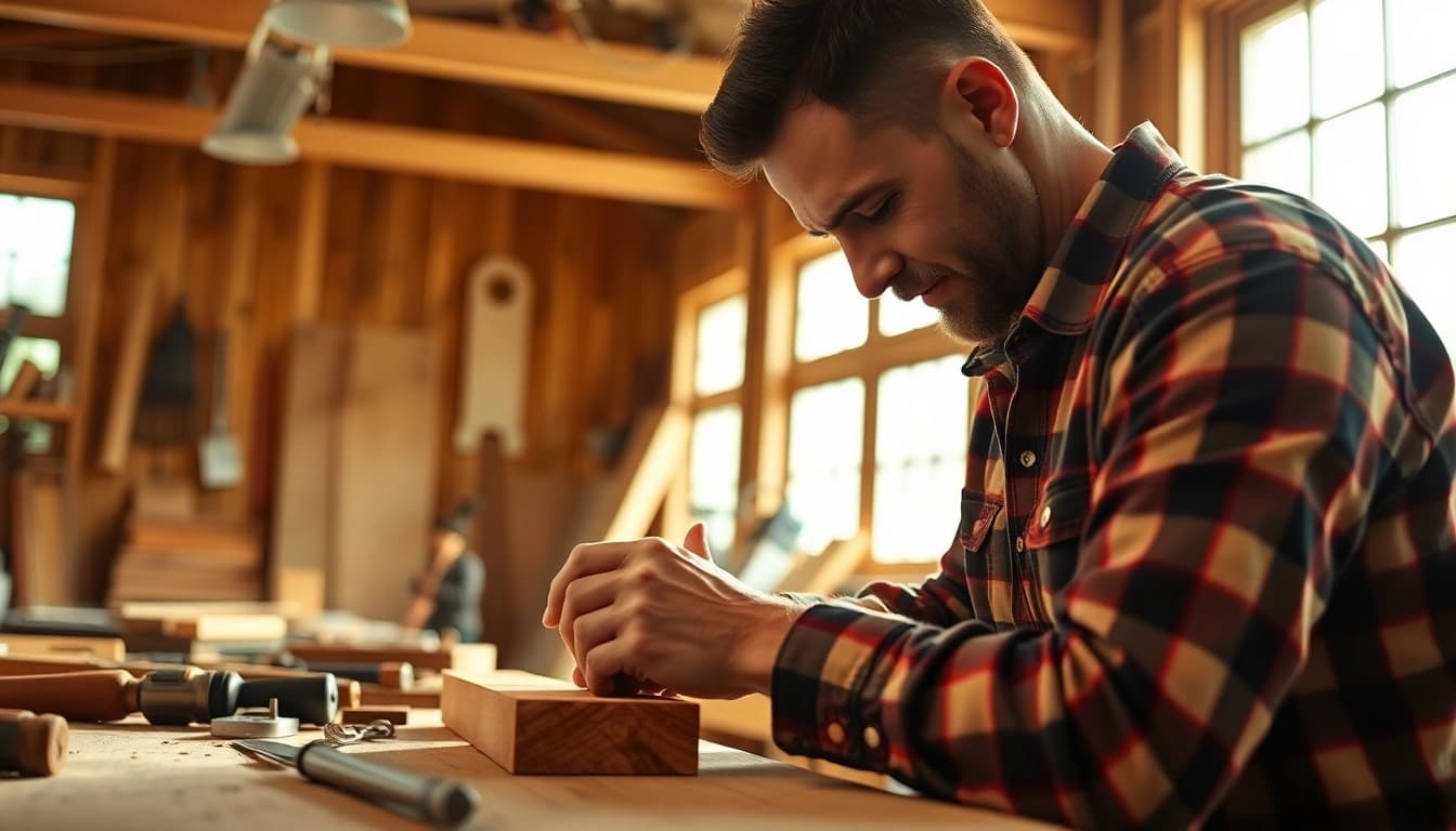 Skilled carpenter crafting woodwork with precision in a well-lit workshop.