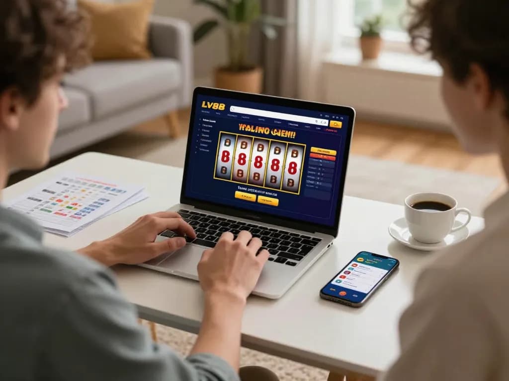 Player engaging with LV88 online gaming interface at home, showcasing responsible gambling strategy.