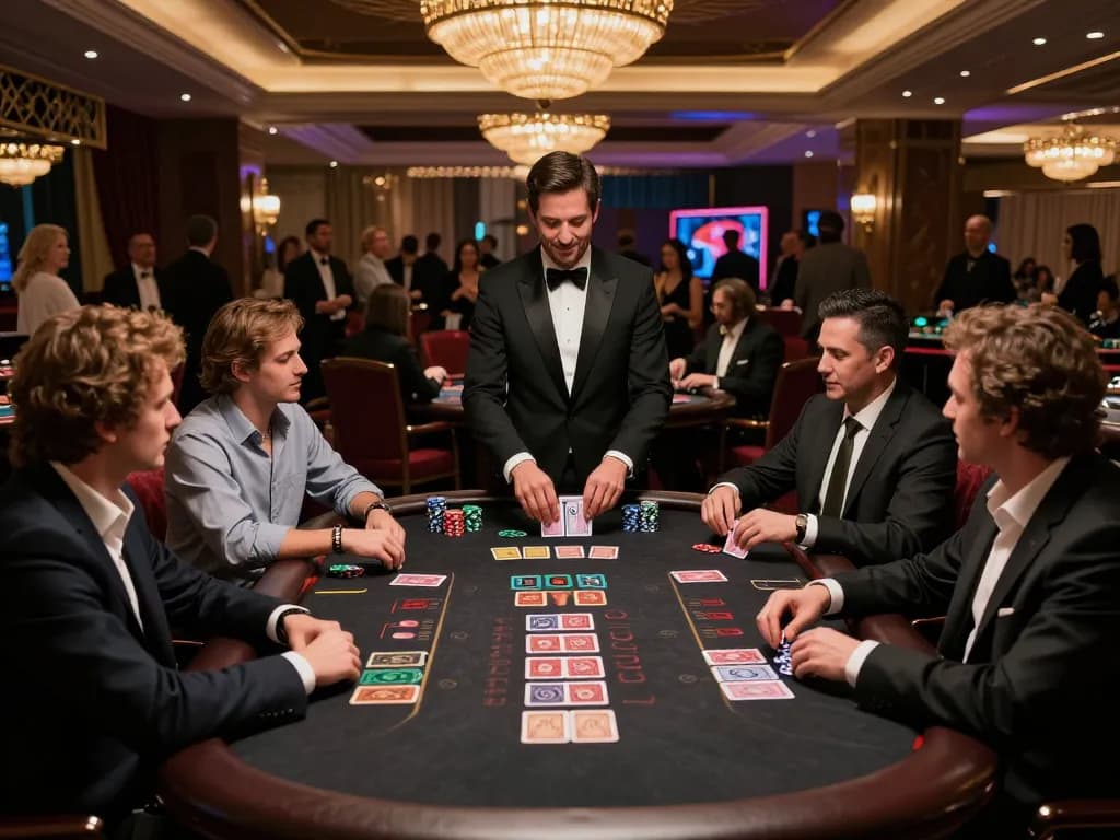 Engage with AUD77 blackjack at a luxurious casino with players showing excitement.