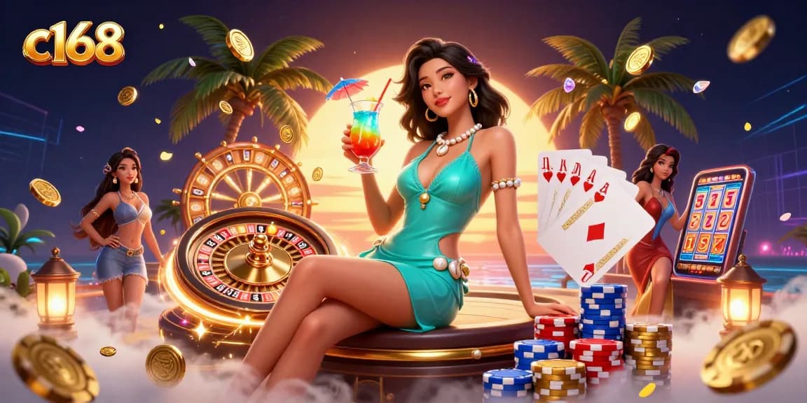 Play casino slots at c168 with vibrant games, golden coins, and exciting rewards.
