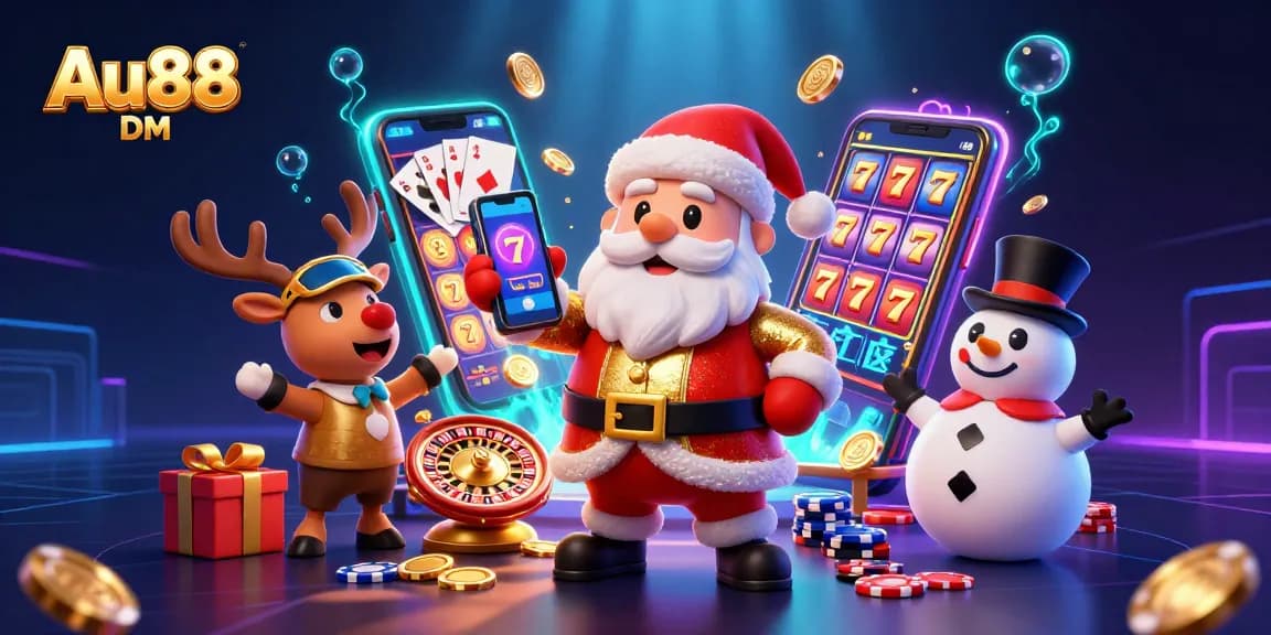 Play the exciting Au88 DM slots with colorful games, gold coins, and festive characters in a vibrant casino scene.