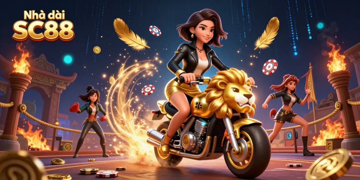 Engaging scene depicting Nhà cái SC88 with a glamorous woman on a golden lion mascot amidst dynamic casino elements.